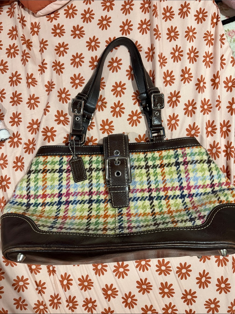 Coach Multicolor Plaid Tweed Shoulder Bag with Dark Brown Leather Trim